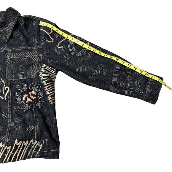 Alex Kim Embroidered Denim Jacket Large Washed Black Tan - Picture 8 of 11